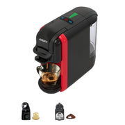 Black and red coffee machine with a glass cup of coffee and additional components on a grey background
