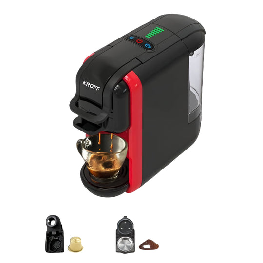 Black and red coffee machine with a glass cup of coffee and additional components on a grey background