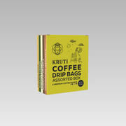 A box of Kruti Coffee Drip Bags with assorted varieties displayed against a neutral background.