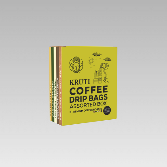 A box of Kruti Coffee Drip Bags with assorted varieties displayed against a neutral background.