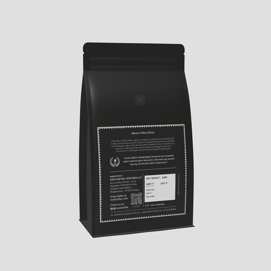 Tribes Silver Coffee Pack behind packaging displayed on a grey color background