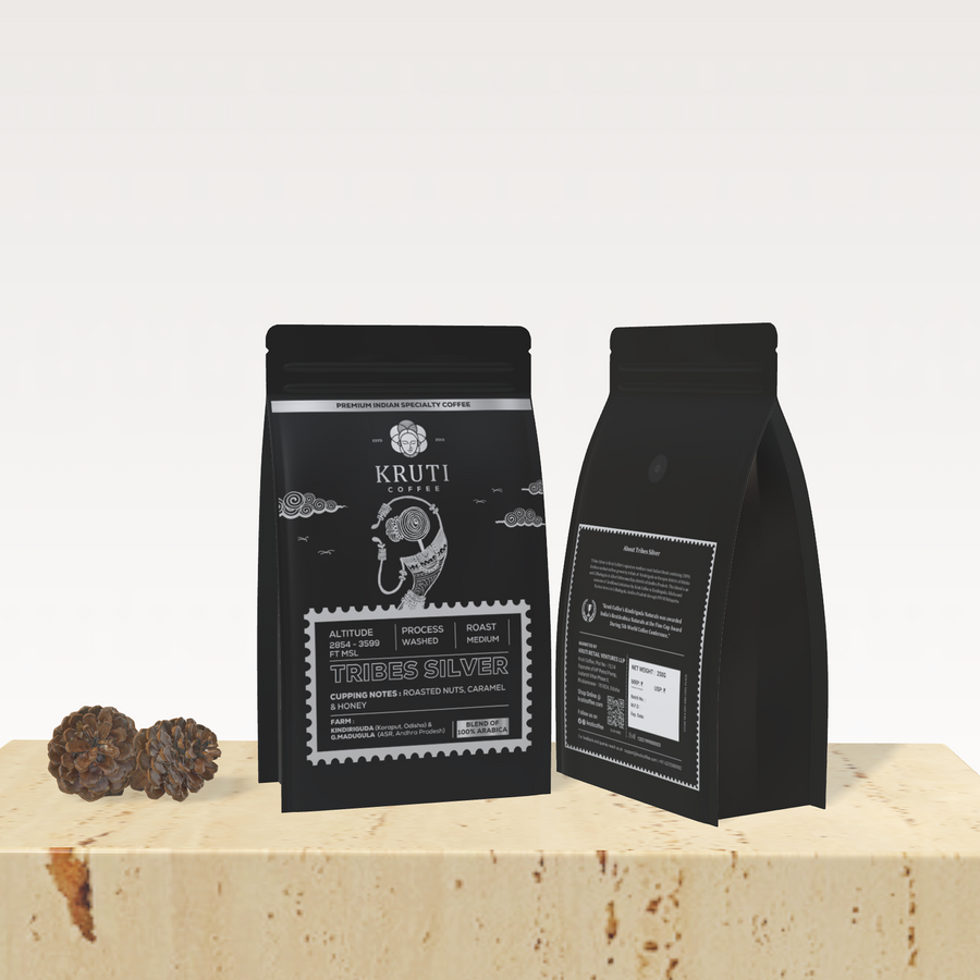 Kruti Coffee Silver Tribes Packet displaye don a Beige Color Platform & White Color Background